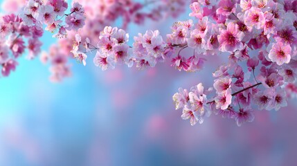 Spring background. light blue and pink gradient background. cherry blossoms. 