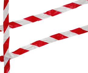 Blank three wrinkled red and white stripes tape in a cross, meaning warning barrier, caution tape, hazard, crime scene, danger, police line, design for decoration on transparent background