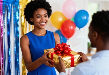 A woman happily accepts a wrapped gift from a man, with balloons in the background, suggesting a celebration.
