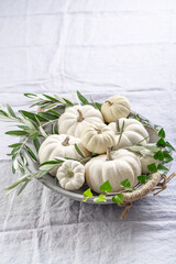 White pumpkins with green branches in a bowl on kitchen table