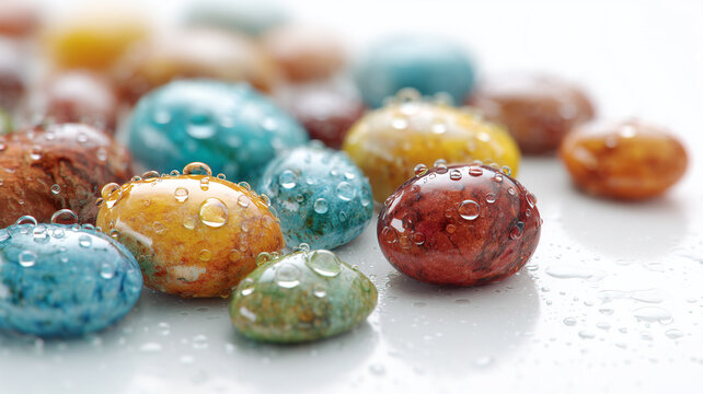 濡れた表面に水滴がきらめく色石のフラットレイ清潔スタイル