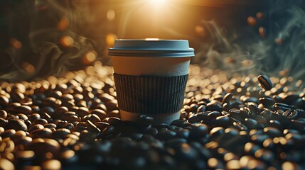 A photo of a coffee cup surrounded by roasted