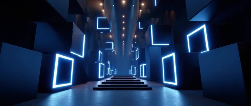 Futuristic corridor glowing blue neon squares dark walls ceiling lights floating steps mysterious immersive atmosphere modern technology light corridor neon blue glowing futuristic dark square light - Powered by Adobe