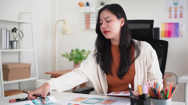 Focused female UX UI designer sketching wireframes and user interface layouts on paper at a creative workspace.
