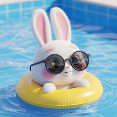 Adorable bunny wearing sunglasses and relaxing on a sunny yellow float in a bright blue swimming pool, perfect for summer fun and playful designs