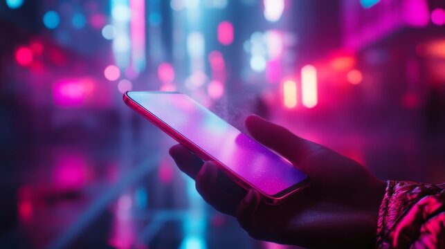 Hand mistakenly dropping a smartphone, cinematic lighting, blurred background, dramatic motion blur, shallow depth of field, focus on falling phone, cyberpunk cityscape, neon lights glowing in the mis