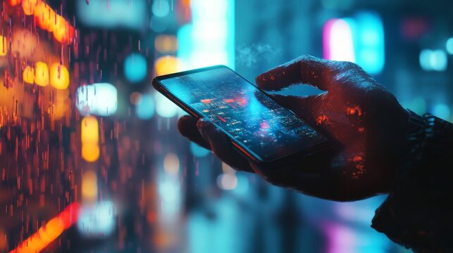 Hand mistakenly dropping a smartphone, cinematic lighting, blurred background, dramatic motion blur, shallow depth of field, focus on falling phone, cyberpunk cityscape, neon lights glowing in the mis