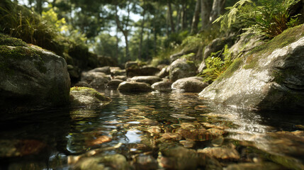 Fototapeta premium Clear stream water flowing in a forest.