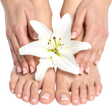 Manicured hands and pedicured feet with a white flower
