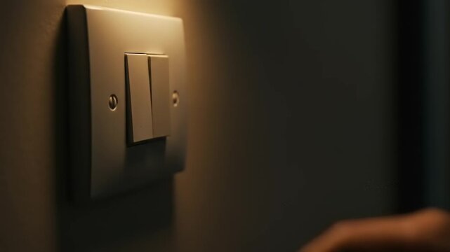 Turning on the light switch in a dark room, close up.