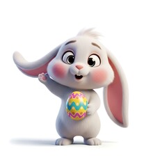 Adorable Easter bunny holding a decorated egg waves hello, perfect for holiday cards and springtime promotions that bring joy and whimsy to your projects