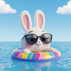 Adorable bunny floating happily in a vibrant swim ring, wearing cool sunglasses against a bright blue sky, perfect for summer fun and vacation vibes