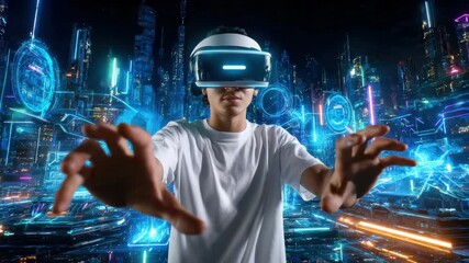 Virtual reality headset futuristic technology with digital hologram interface immersive experience neon cityscape digital interaction cyberspace glowing holograms innovative immersive digital display - Powered by Adobe