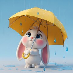 Adorable bunny hiding from the rain under a bright yellow umbrella makes a sweet illustration for springtime projects and children's stories
