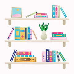 Stacks and piles of books and home decor on bookshelves. Modern, minimalist storage unit for books, decor, and plants. Library collection with educational literature, novels, encyclopedias.