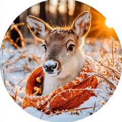 Adorable Fawn in a Knitted Scarf during Winter Sunset