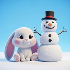 Adorable fluffy bunny with a cheerful snowman friend, ready for winter fun and holiday cheer, a whimsical scene for kids and families