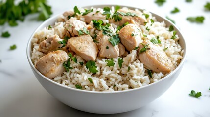 Simple Chicken and Rice Bowl with Fresh Parsley, Served in a White Bowl, Healthy and Nutritious Meal, Clean Eating Concept