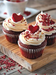 Red Velvet Cupcakes with Cream Cheese Frosting and Red Hearts for Valentine's Day.