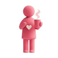 Pink 3D Figure with Coffee Cup and Heart Symbol