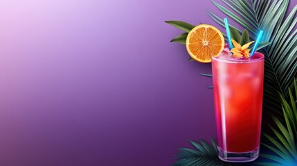 Red Cocktail with Orange Slice and Palm Leaves on a Purple Background, Refreshing Tropical Drink for Summer Vacation, Copy Space
