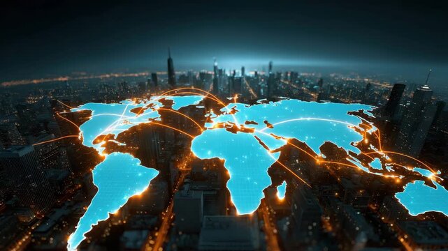 Glowing digital world map with network connection lines over cityscape at night showcasing global communication technology and dynamic global network in futuristic style - Powered by Adobe