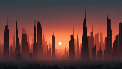Futuristic city skyline with tall skyscraper silhouettes at sunset glowing orange sky creating dramatic mysterious atmosphere urban building architecture horizon silhouette - Powered by Adobe