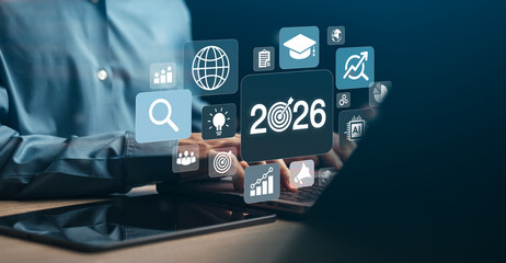 New Year 2026 Goal Action Plan. Businessman planning finance and strategy with target icons. Business plan, ai, future, teamwork. Concept of preparing for new year changes and start strategy idea.