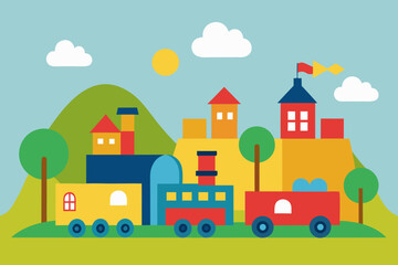 Fototapeta premium Cartoon toy train village scene vector illustration
