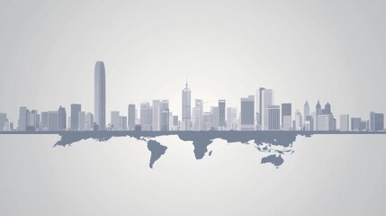 Obraz premium Global city skyline, world map below, gray tones, business concept