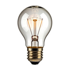 Lit incandescent lightbulb against black background. Filament glowing