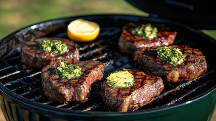 Grilled Beef Steaks with Herb Butter and Lemon on BBQ Grill. Delicious Juicy Sirloin Steak Cooking Over Hot Coals. Summer Outdoor Barbecue Food Preparation.