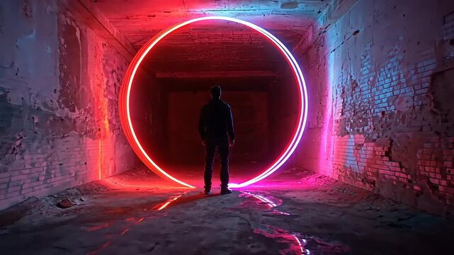 A silhouette of a person standing in a dimly lit abandoned space illuminated by vibrant neon circles