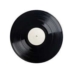 Obraz premium Black vinyl record with white label, grooves clearly visible against black backdrop