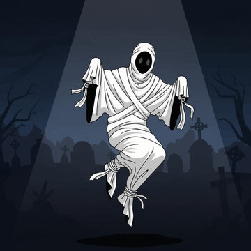 Dark Cemetery Ghost Vector. Professional Pocong illustration with a shroud. Minimalist horror style, eerie atmosphere, and clean line art. Ideal for folklore and horror projects.