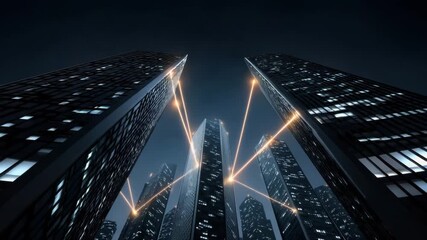 Skyscraper cityscape glowing connection lines night showcasing modern technology communication network building illuminated digital architecture urban tower office light futuristic corporate exterior - Powered by Adobe