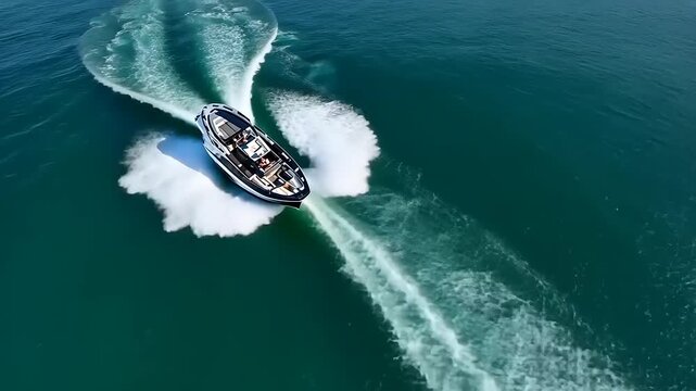 A high-speed boat making sharp turns in clear turquoise waters under a sunny sky