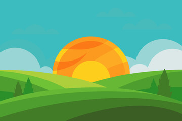 Cartoon sunset over a green meadow vector illustration