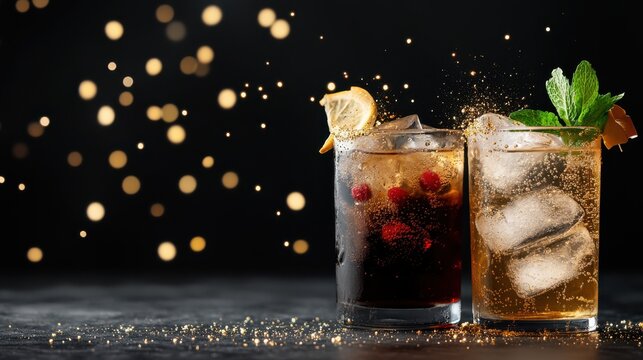 Elegant Cocktails with Ice and Berries: Two Refreshing Drinks with Lemon and Mint Garnish Against a Dark Background with Bokeh Lights