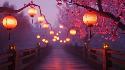 Misty Cherry Blossom Path with Lanterns