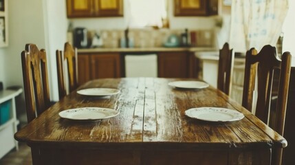 Empty wooden table with plates in a kitchen