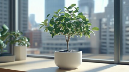 Small potted plant on windowsill, city view
