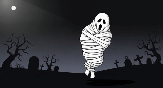 High-quality Pocong Ghost Icon. Terrifying Indonesian spirit vector jumping in a dark setting. Minimalist style, dramatic lighting, and dark gradient background. Great for horror theme kits.
