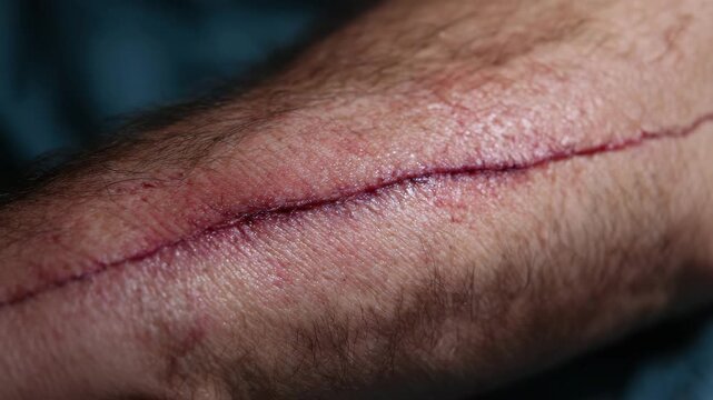 Healing scar on hairy skin close up showing forearm wound with redness, skin texture, medical recovery process, surgical scar healing, natural skin detail and hair close up