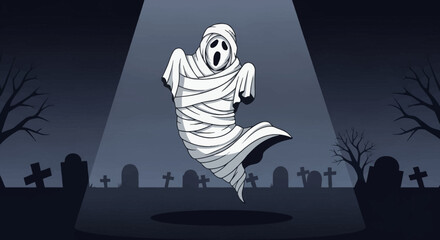 Minimalist Horror Poster Vector. Illustration of the Pocong ghost in a dark cemetery. Clean lines, dramatic lighting, and an eerie atmosphere. Perfect for horror storytelling visuals.