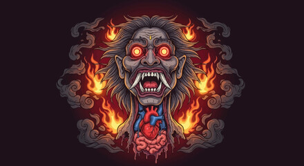 Mystical Balinese Art Download this original vector artwork of the Balinese Leak. A haunting image of a demon with exposed organs, glowing eyes, and a mystical aura.