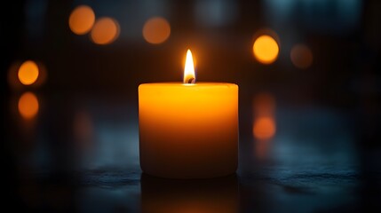 A close-up shot of a lit candle with a soft glow, creating a warm and peaceful atmosphere. The background features blurred bokeh lights.