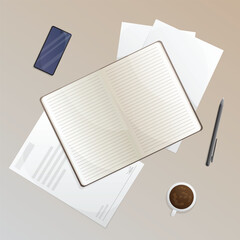 Top view of workplace desk with notebook, pen, papers, cellphone, and coffee. Entrepreneurship and work concept art.