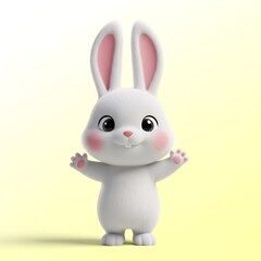 Adorable fluffy bunny character with open arms welcomes spring with its sweet charm, perfect for springtime promotions and Easter celebrations