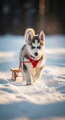 Determined Husky Puppy Pulling Sled Through Snowy Winter Landscape.